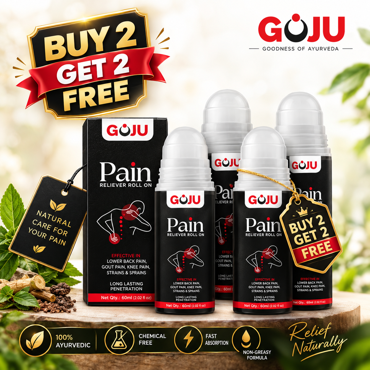 Goju Pain Reliever Roll-On For Knee, Back, Neck and Muscles Pain | Buy 2 Get 2 Free