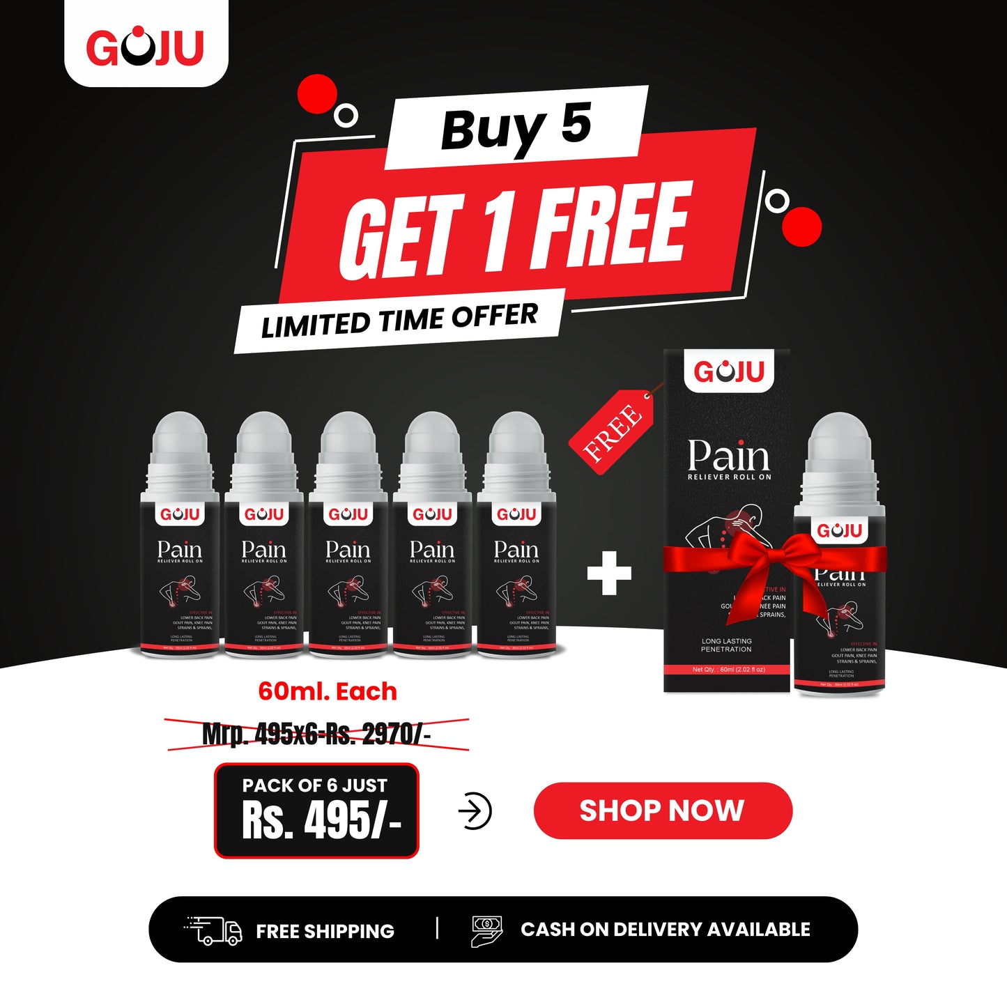 6 Goju Pain Reliever Combo Offer — 5 Roll-On Packs + 1 Free Roll-On
